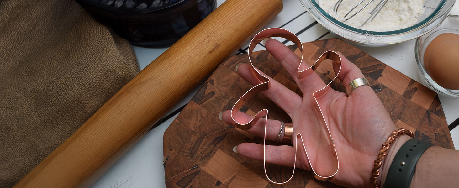 Close-up of the copper Gingerbread Boy Cookie Cutter showing its sturdy craftsmanship and details