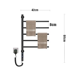 Sèche-Serviettes Électrique, Pivotant à 180 ° Porte-Serviettes Chauffant, Chauffe-Serviettes électrique Mural Avec Thermostat(45-70℃) Minuterie, Écran LED, 660x420cm, 80W, Noir 19 9633