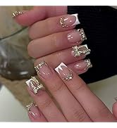 IMRAIN Square Press on Nails - Short Fake Nails - Golden Bow, Rhinestone Designs - Bling Handmade...