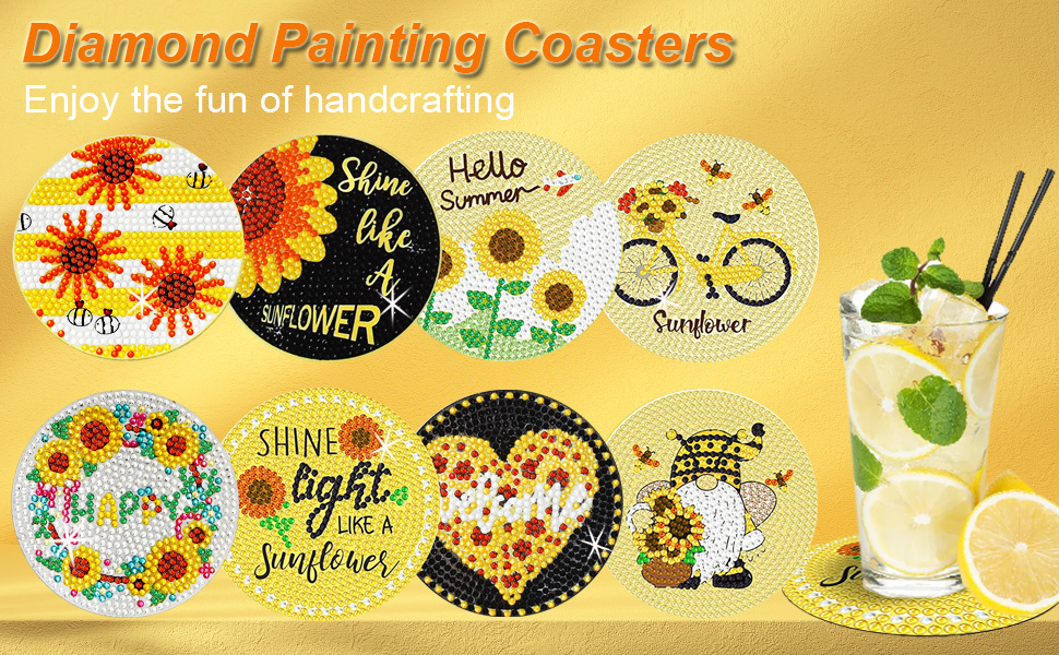 Diamond Painting Coasters, 8 Pcs Sunflower Diamond Art