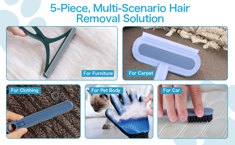 【5Piece Set】 Pet Hair Remover, Dog Hair Removal Tool for Couch