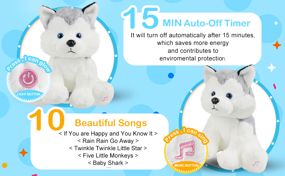 Houwsbaby Light Up Musical Stuffed Husky Singing LED Dog Glowing Plush Toy Lullaby Animated