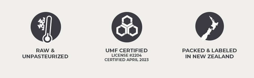 Tre icone circolari che indicano le caratteristiche del prodotto: «Raw & Unpasteurized», «UMF Certified» con i dettagli della licenza e «Packed & Labeled in New Zealand»