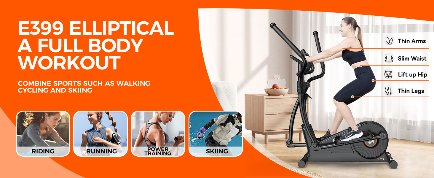 Text reads 'E399 ELLIPTICAL' and 'A FULL BODY WORKOUT'. Fitness equipment advertisement showing an elliptical machine with technical specifications.