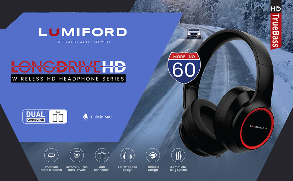 LUMIFORD HD60 OverEar Wireless Headphones with Builtin mic, Dual