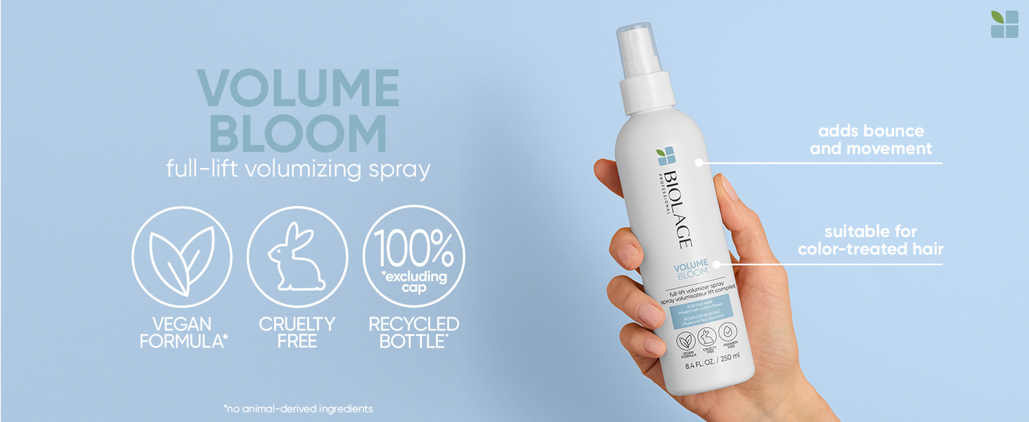 Volume Bloom Full Lift Volumizing Spray adds bounce and movement. Suitable for color treated hair