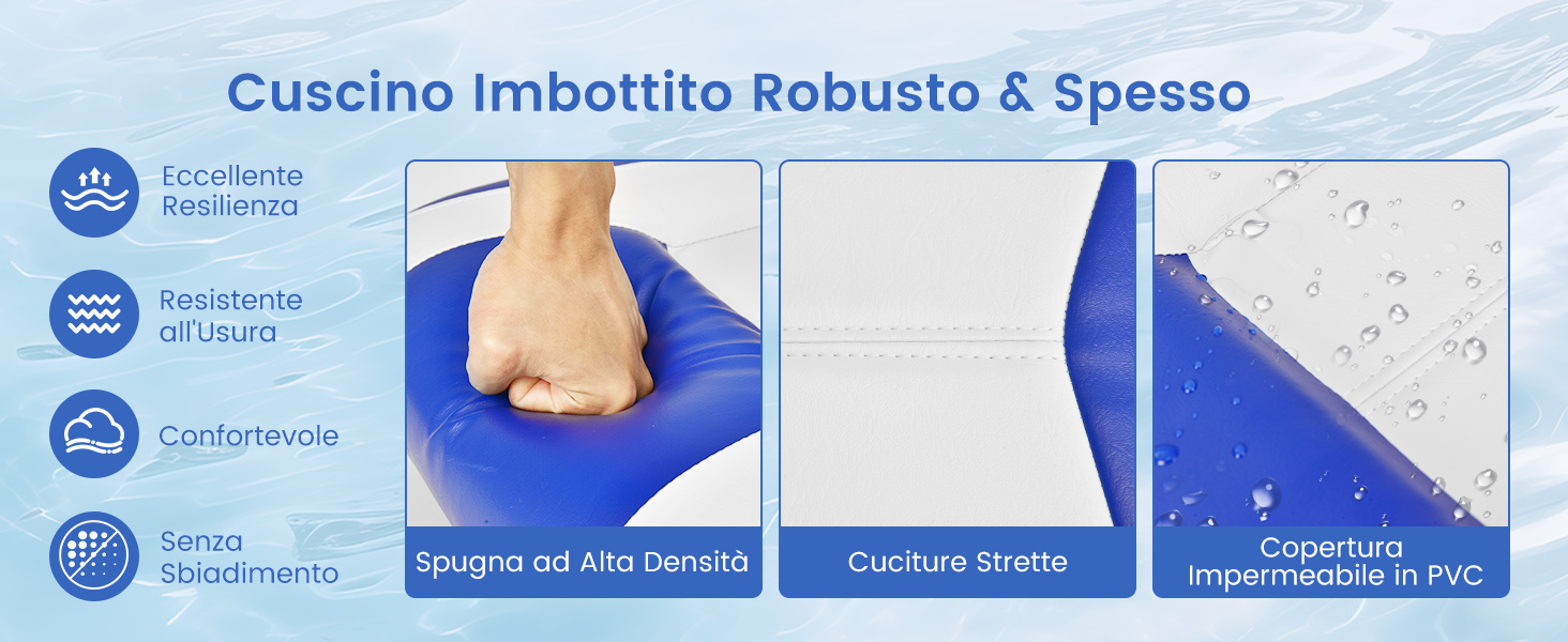 Visualizzazione delle informazioni sul prodotto in italiano che mostra le caratteristiche di un cuscino o di un prodotto di imbottitura con icone blu e immagini dimostrative