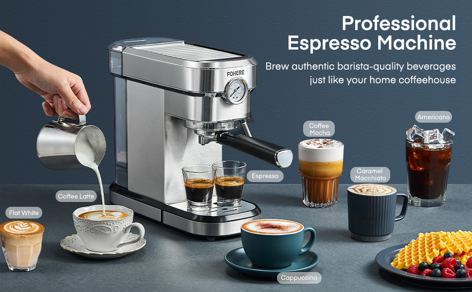 FOHERE Espresso Machine, 15 Bar Espresso and Cappuccino Maker with Milk