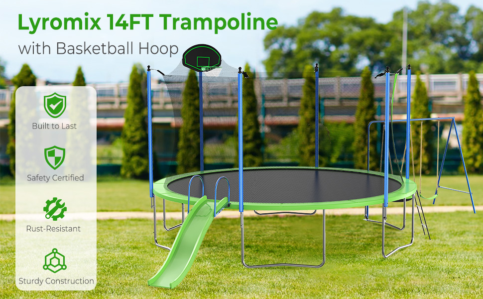 The complete Lyromix 14FT Trampoline with slide, swings, basketball hoop, and all included accessories laid out: solar lights, sprinkler system, ground stakes, and straps.