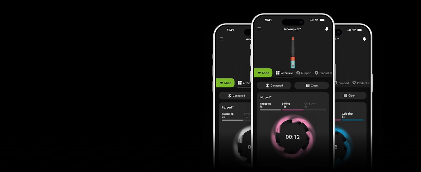 A trio of phone screens showing the i.d. curl feature on the MyDyson app.