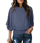 Dokotoo Women Blouses Dressy Casual 3/4 Length Sleeve Womens Tops Boat Neck Batwing Dolman Top