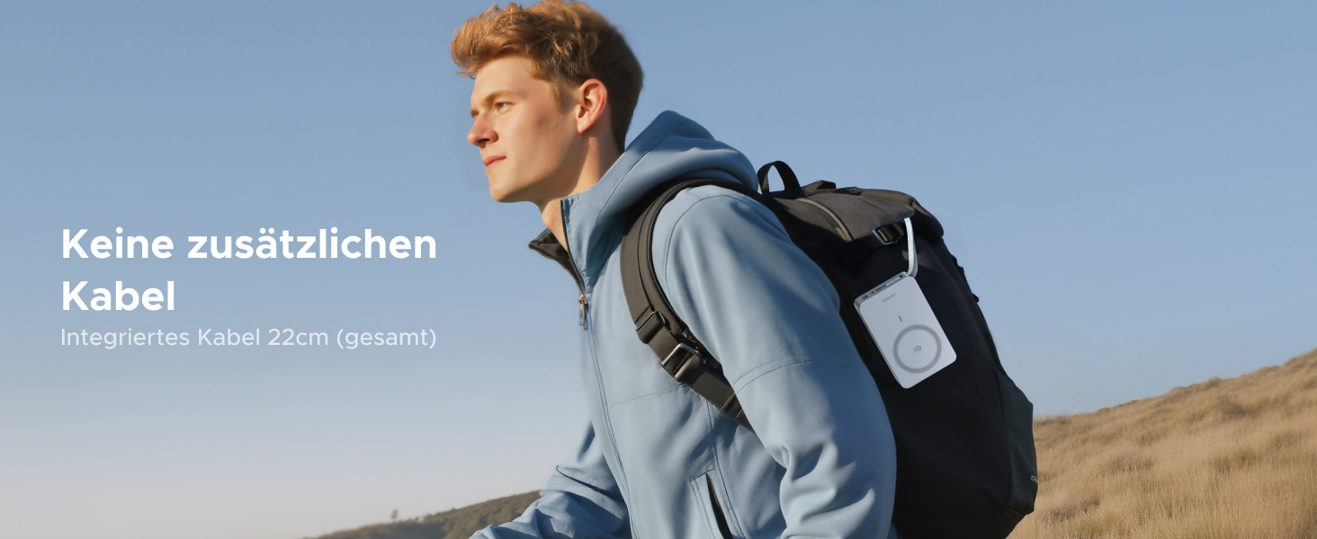 Der Text lautet „Keine zusätzliche Kabel“. Lifestyle-Foto im Freien, das eine Person mit blauem Hoodie in natürlicher Landschaft zeigt.