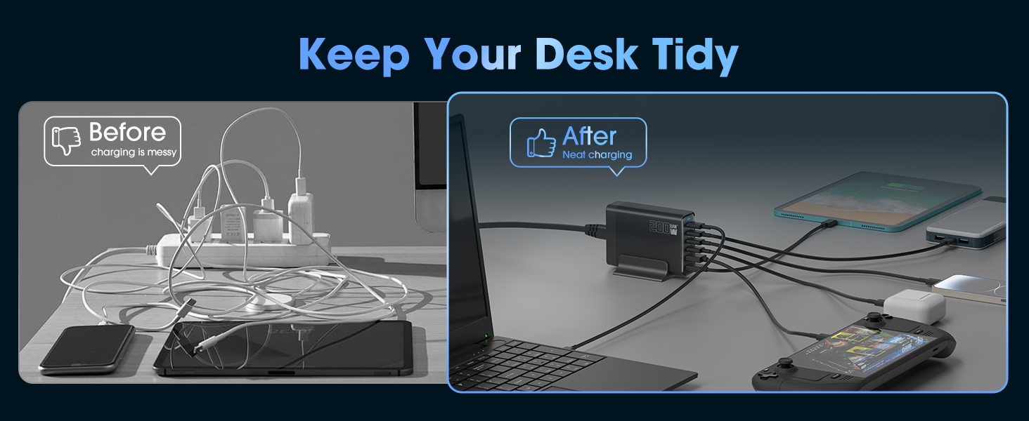Before and after comparison showing desk cable management, from tangled cords to organized cables using management solutions.