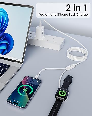 Text reads '2 in 1 Watch and Phone Fast Charger'. White charging device connected to laptop, smartphone, and smartwatch on gray surface.