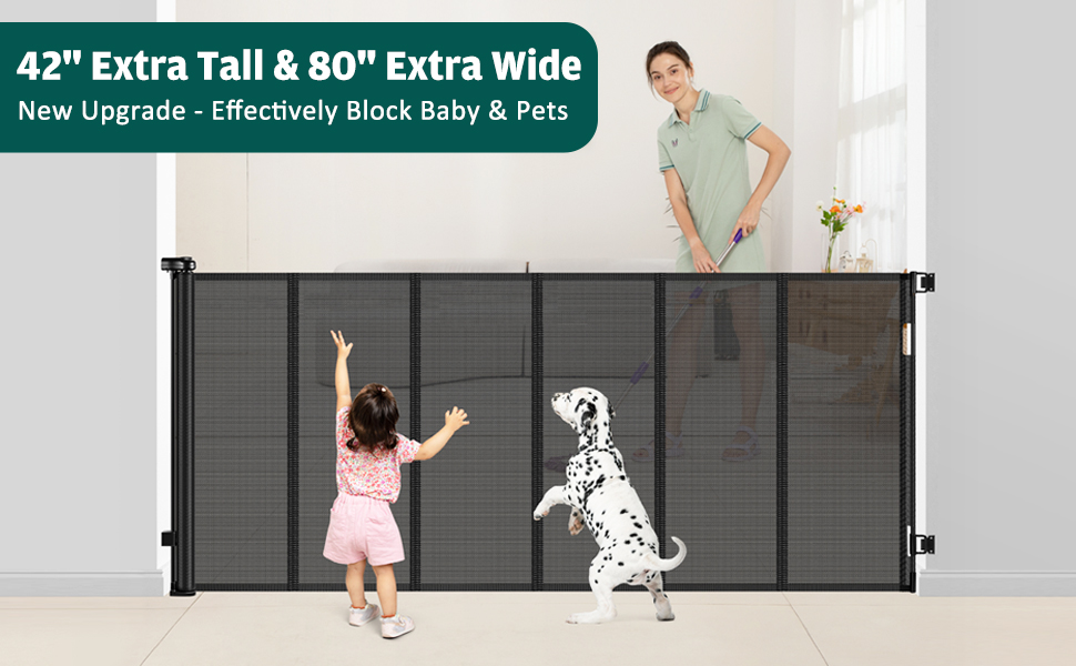 Enhanced 42” Extra Tall & 80” Wide Retractable Baby Gates