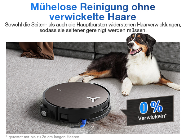 Der Text lautet „Bild 5“ und „Mühselose Reinigung ohne verwickelte Haare“. Der Roboter-Staubsauger ist neben einer schwarz-weißen Katze auf Hartholzboden abgebildet.