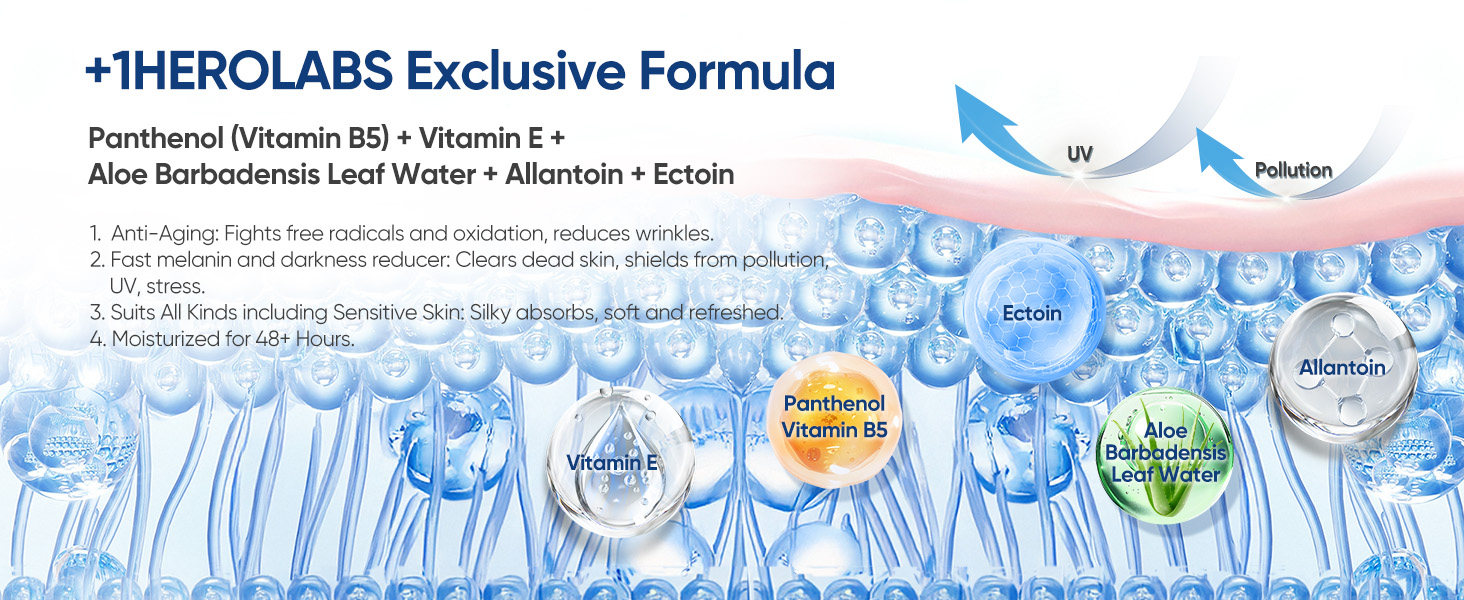 +1HEROLABS Exclusive Formula hyaluronic acid serum with vitamin e b5 panthnol ectoin allantoin aloe