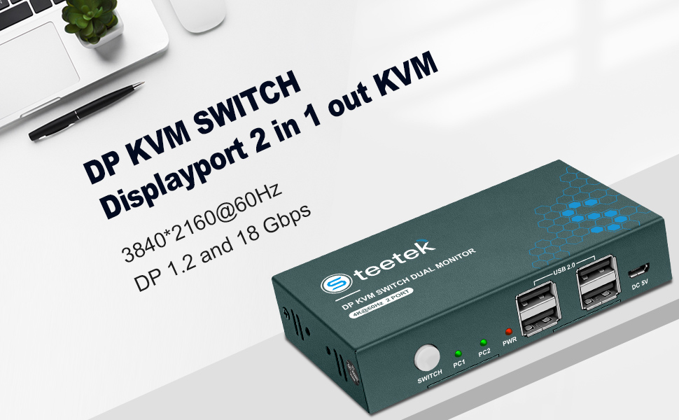 KVM Switch DisplayPort 2 Porte, USB2.0, 4K60Hz,DP KVM Switch 2 PC 1