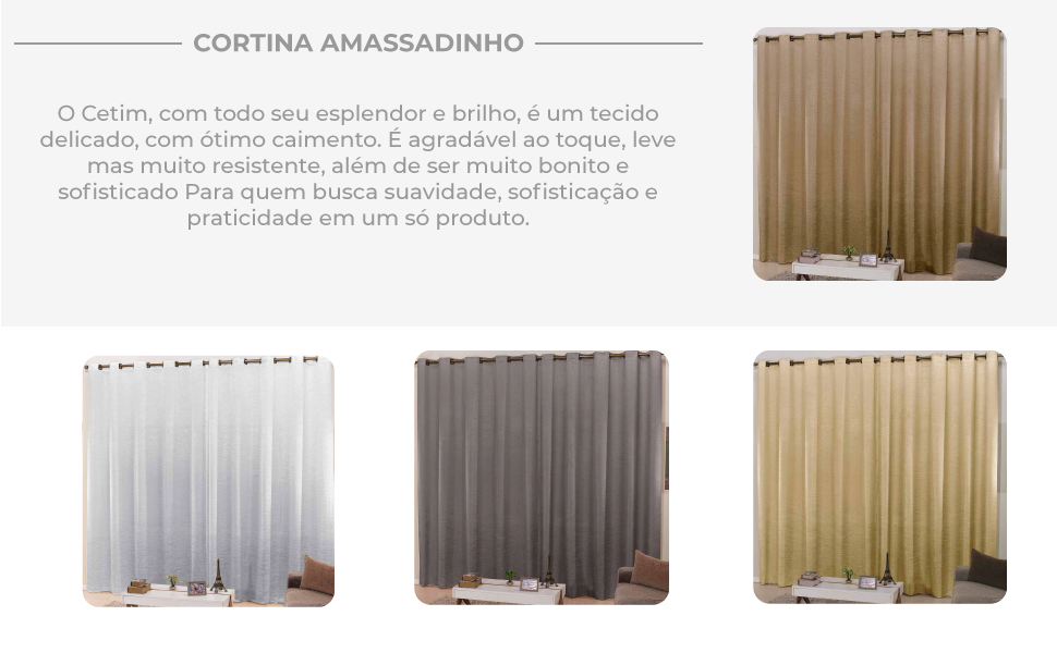 Cortina para Sala e Quarto 3,00m Larg. x 2,50m Altura Tecido Cetim Amassadinho
