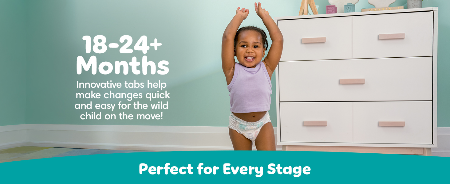 18-24+ months, innovative tabs help make changes quick and easy for the wild child on the move!