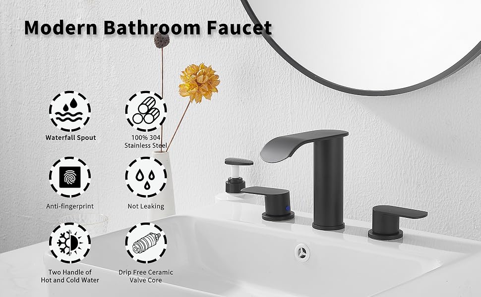 GGStudy Matte Black Waterfall Bathroom Faucet 2 Handles 3 Holes Faucet
