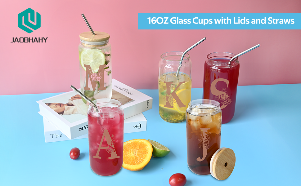 JAOBHAHY Glass Cups with Lids and Straws,Personalized Gifts