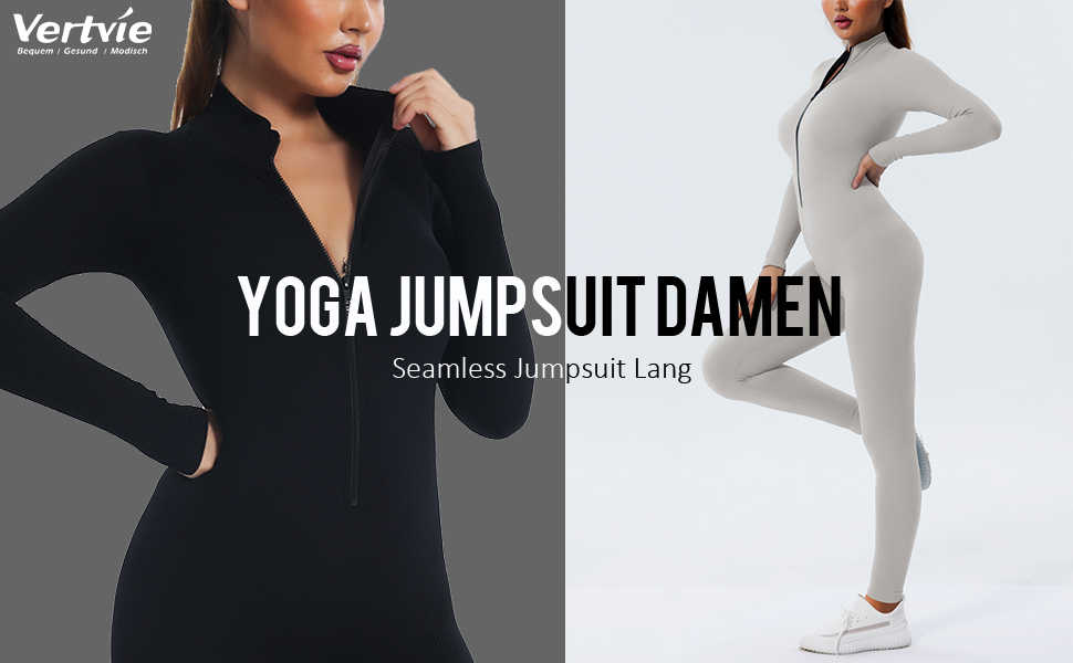 Vertvie Damen Jumpsuit Eng mit Reißverschluss Yoga Overall Body Outfits