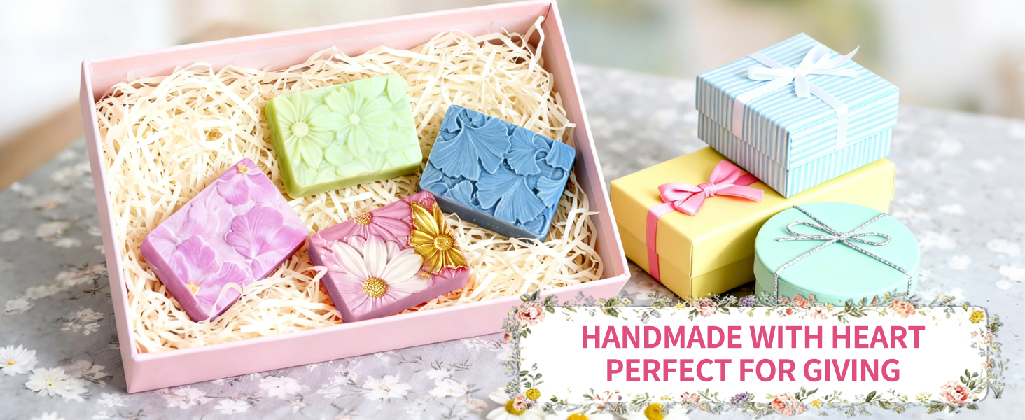 Finished soaps show clear floral details and smooth texture