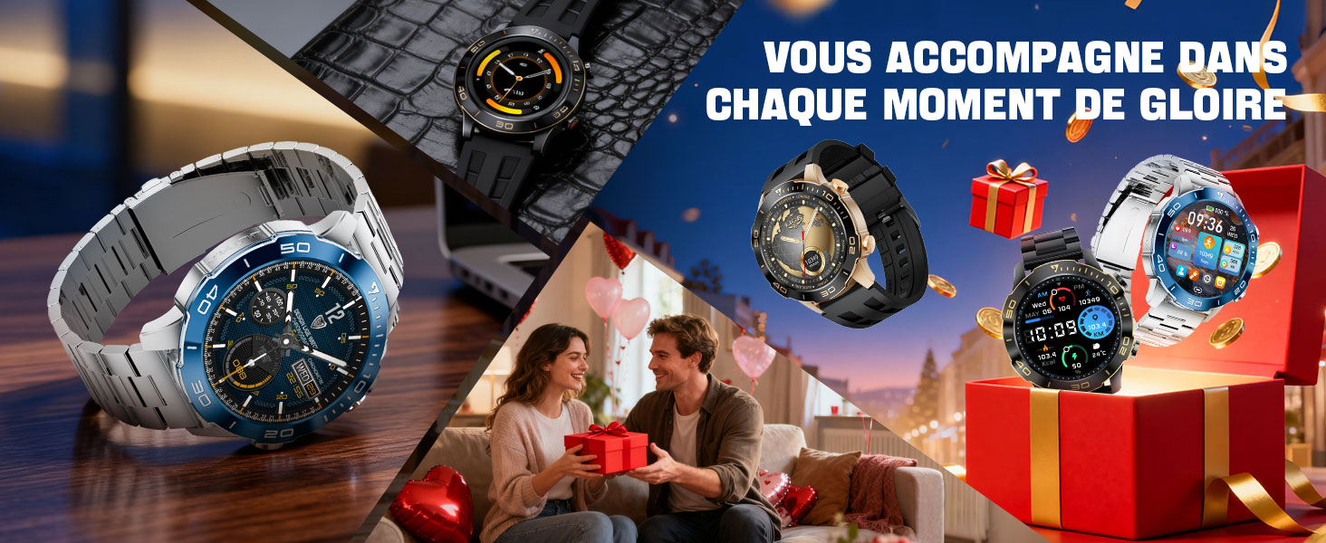 Bannière marketing avec thème décoratif des vacances d'hiver montrant des coffrets cadeaux, des flocons de neige et des décorations festives dans une palette de couleurs bleu et rouge.