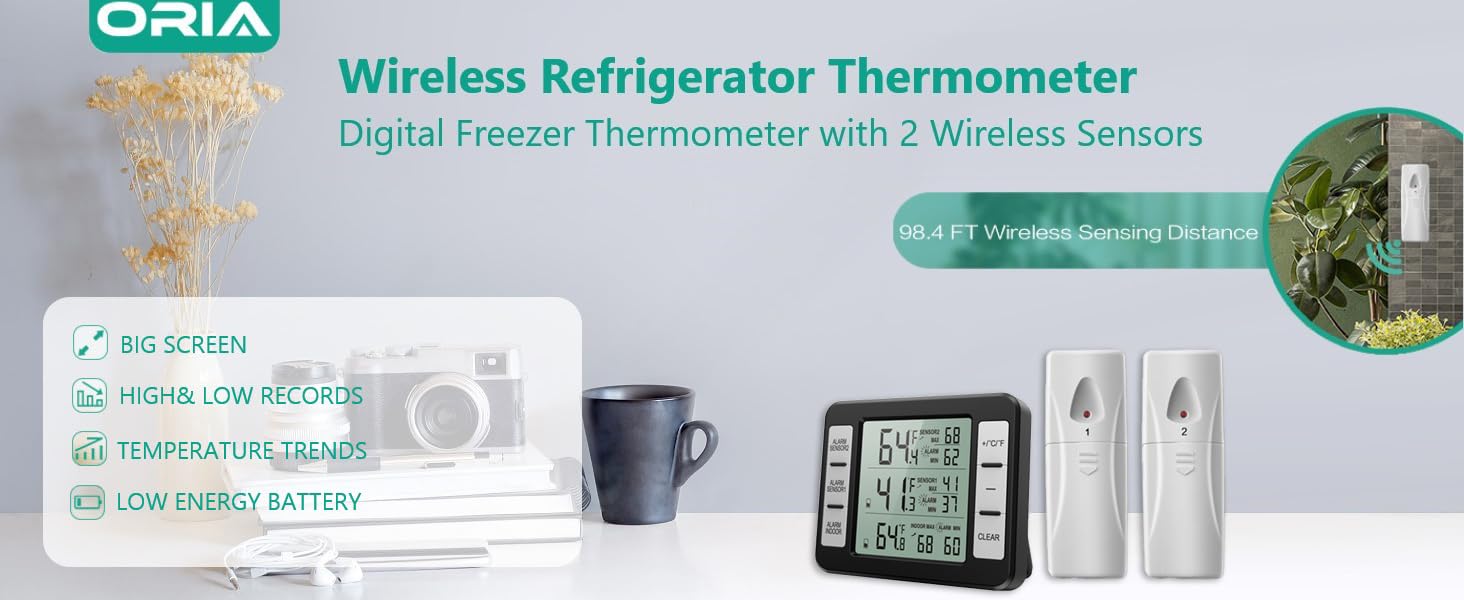 ORIA Refrigerator Thermometer, Wireless Digital Freezer Thermometer with 2 Wireless