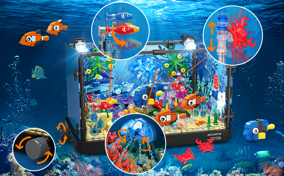 HOGOKIDS Fish Tank Building Set with LED Light 725PCS Aquarium with Movable Jellyfish Fish