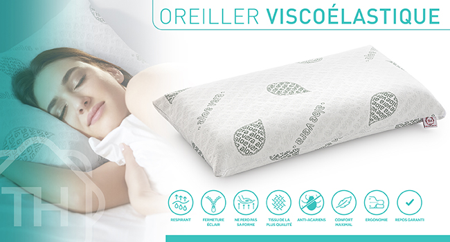 avec personne qui dort. Les caractéristiques incluent la respirabilité, un design ergonomique et des propriétés hypoallergéniques, illustrées par des icônes