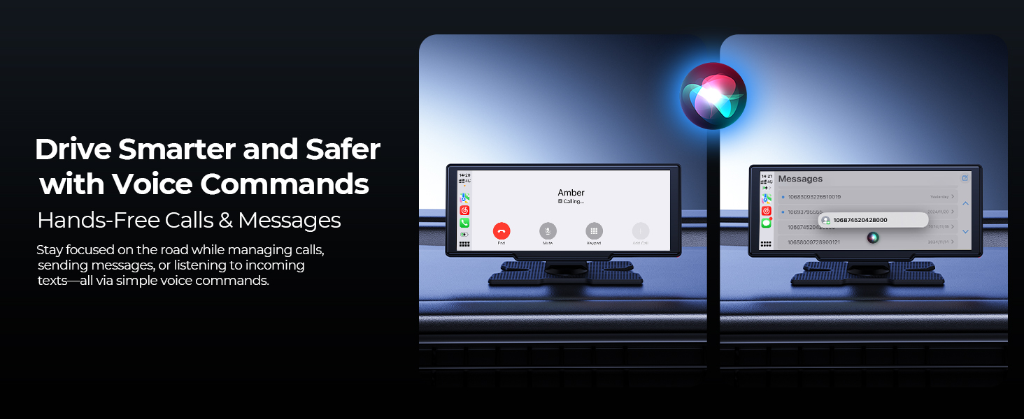 Digital interface display showing voice command system for hands-free calls and messages while driving, with laptop and smartphone connectivity illustration.
