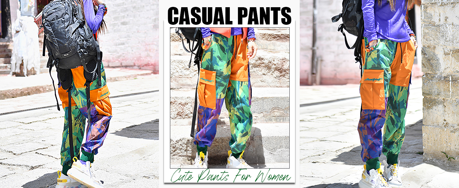 NOWIFOREST Women's Camo Cargo Pants Patchwork MultiPockets