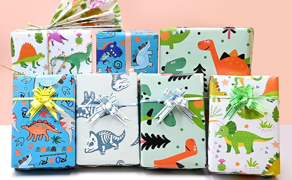 Red Dinosaur Birthday Wrapping Paper Roll，Topeedy 43cm*10m Dinosaur