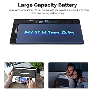 Text reads 'Large Capacity Battery 6000mAh' and 'it is suitable for reading, movie, drama, and music appreciation during long time commuting and traveling'. Product image of a black rectangular battery pack.
