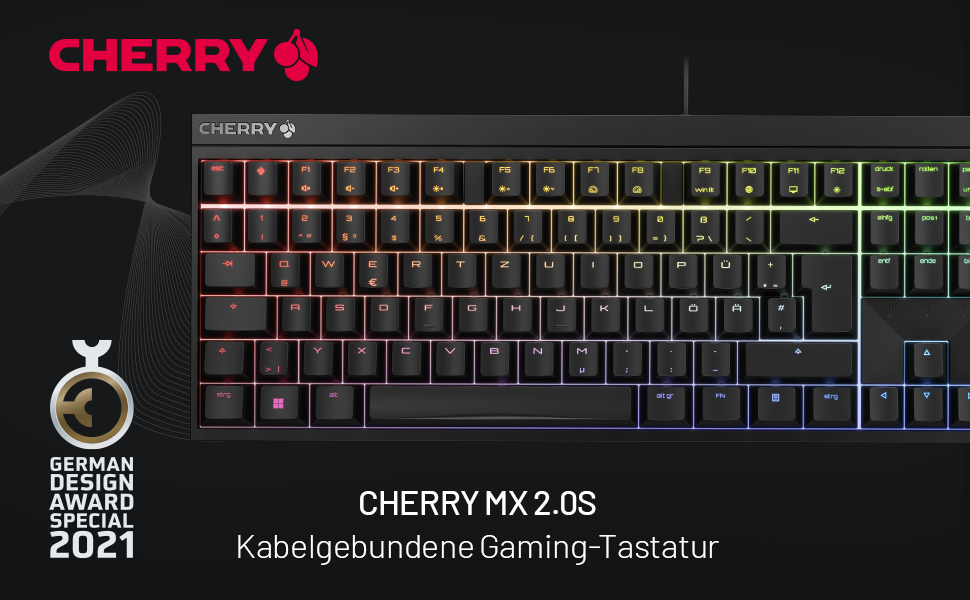 CHERRY MX 2.0S, kabelgebundene GamingTastatur mit RGBBeleuchtung, Deutsches Layout , MX Silent