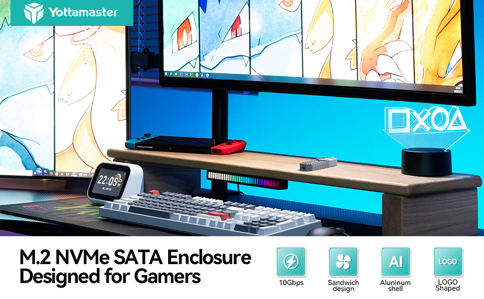 Yottamaster M.2 NVMe SATA Gehäuse, Aluminium USB 3.2 Gen 2 Übertragung ...