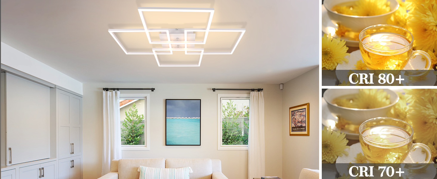 Moderne geometrische LED-Deckenleuchte in Weiß, dargestellt in einer Raumeinstellung mit Vergleichsbildern, die verschiedene CRI-Beleuchtungswerte von 70+ und 80+ zeigen