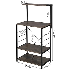 WOLTU Scaffale Per Cucina In Acciaio Legno 4 Ripiani Ganci Carrello Microonde Legno+Nero 16 1