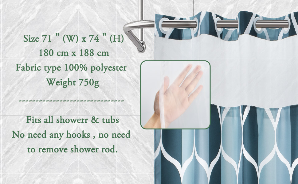 Yiatn Hookless Aegean Blue Shower Curtain with Snap in