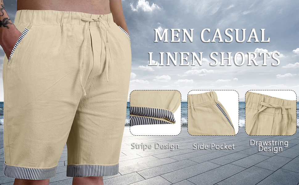 YAOHUOLE Men's Linen Flat Front Shorts Stretchy Drawstring Waistband