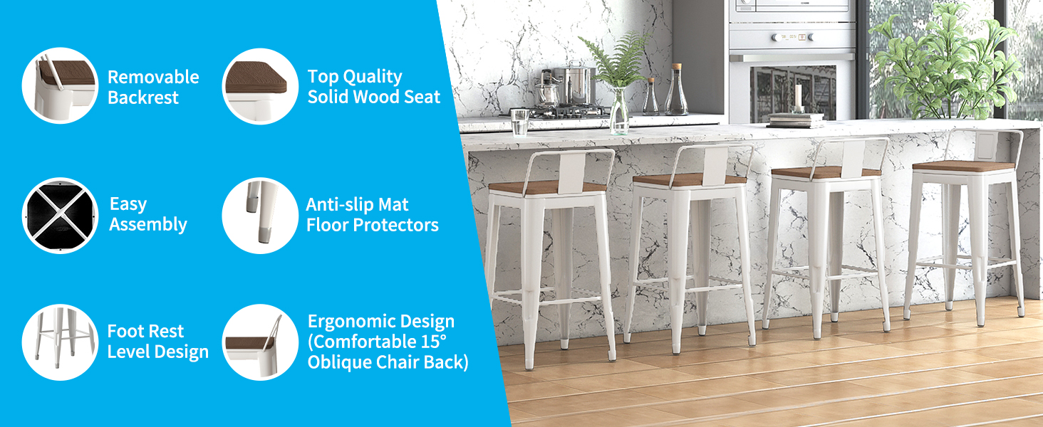 Mjkone 32" Counter Height Bar Stools, Solid Wood Seat