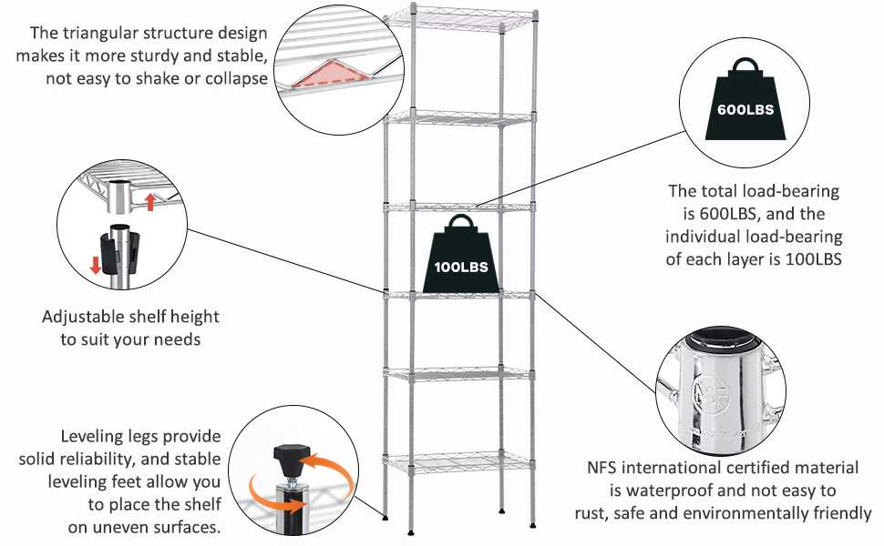 Actask 6Shelf Shelving Unit with Height Adjustable Shelves and