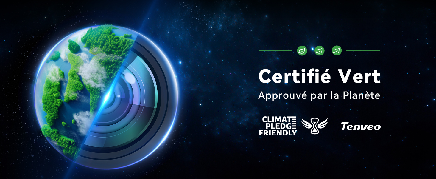 avec objectif de caméra et Terre verte, intitulé « Certifié Vert » (Green Certified). Comprend les logos « Climate Pledge Friendly » et Tenveo sur fond étoilé