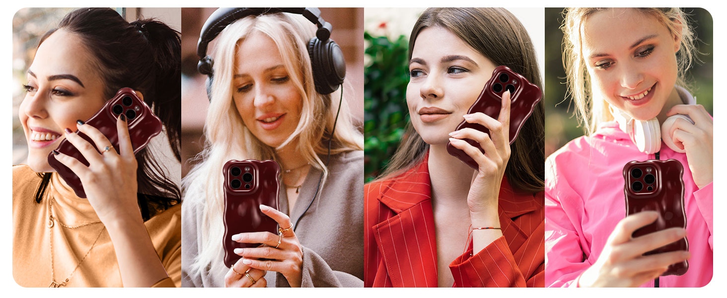 UEEBAI Case for iPhone 15 Pro Max 6.7 inch, Christmas Burgundy Cute Curly Wave Shape Shockproof Soft TPU Bumper Phone Case, Candy Water Ripple 3D Silicone Slim Pretty Case Non-yellowing Cover-Wine Red 14 Vibrant Disign