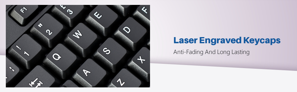 Close-up of black keyboard keys with white lettering. Text overlay reads 'Laser Engraved Keycaps' and 'Anti-Fading And Long Lasting'.