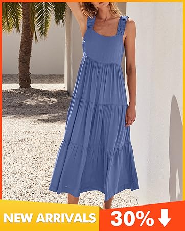 Summer 2024 Casual Sleeveless Sundress Women Flowy Tired Maxi Dress Backless Beach Long Tank Dress