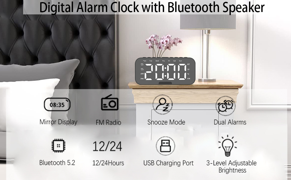 Alarm Clocks Bedside, Alarm Clock Radio with Bluetooth Speakers