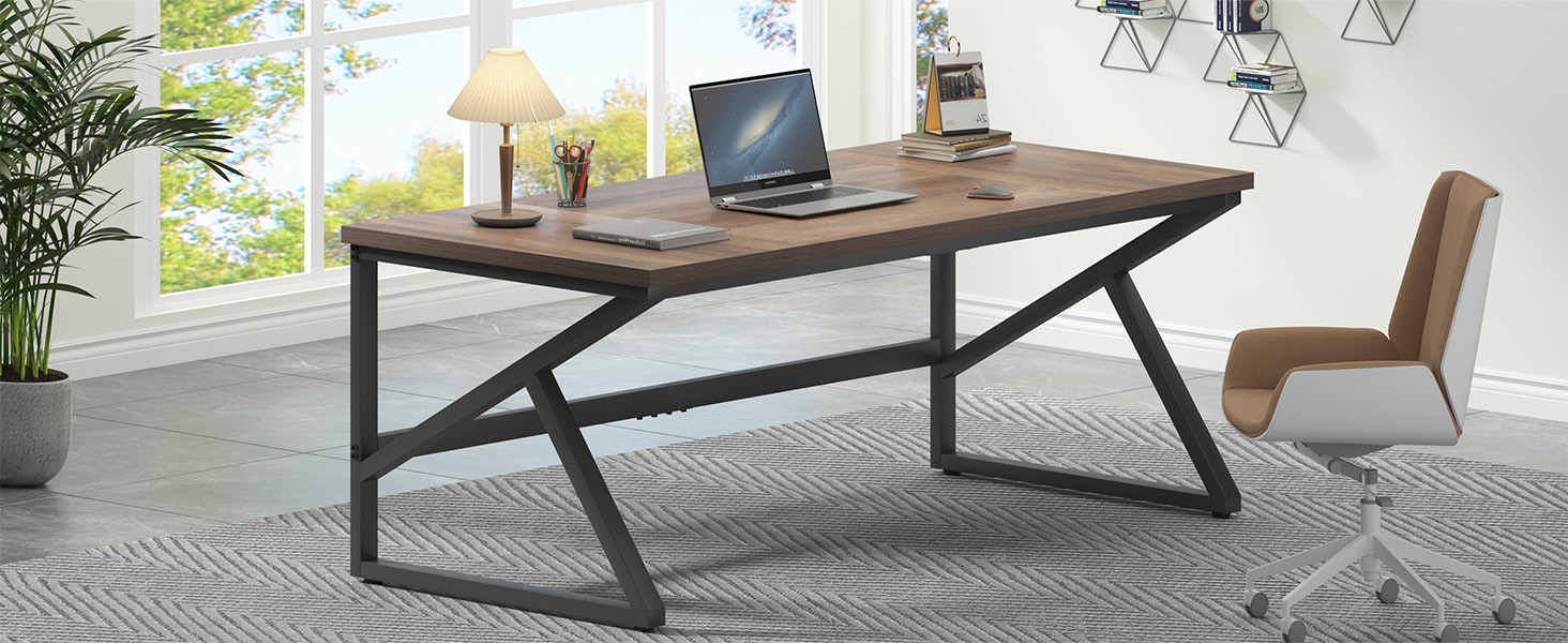 HSH Large Home Office Desk Two Person, Extra Long Wood Metal Computer table for 2 Monitors 70 Inch 
